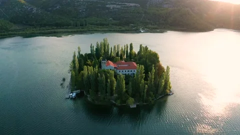 4K Flying over the amazing Visovac Christian monastery in Krka National Park Stock Footage 220173237
