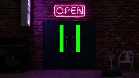 4K Flying through doors with neon signs of a building with a brick wall Stock Footage 315390019