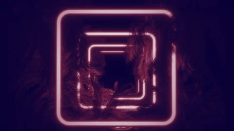 4K Flying through a neon corridor with palm trees in the dark. Stock Footage 292539110