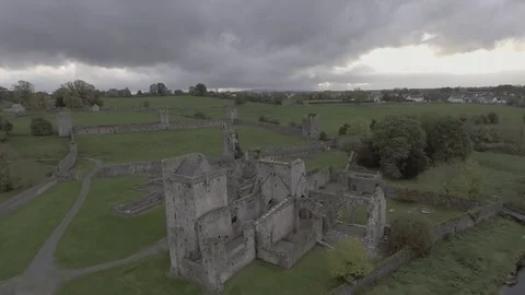 4K Flyover of the Ruins of the Monastery Kells Abbey Stock Footage 84186524