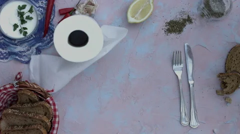 4k food composition on a vintage background with a rolling toilet paper Stock Footage 63474053