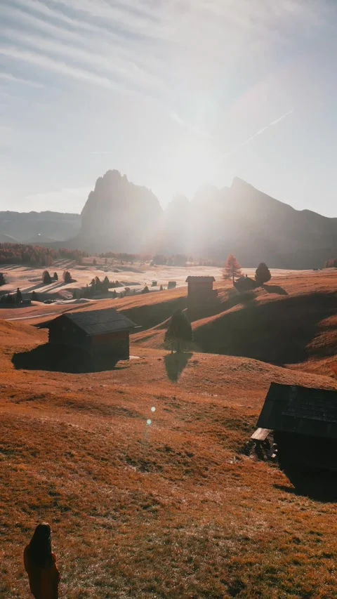 4k footage of Alpine area with trees and mountains in autumn at sunrise, Seiser  Stock Footage 291983159