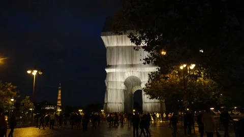 4K Footage The Arc de Triomphe Wrapped and Eiffel Tower Stock Footage 200258100