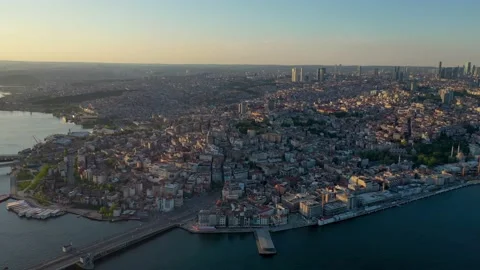 4k footage of Bosporus in the sun set having Galata tower in the middle. Stock Footage 144430053