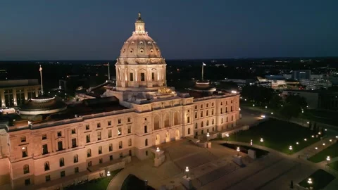 4K Forward Angle Aerial Shot Of Saint Paul Capitol Building At Night Stock Footage 223500431