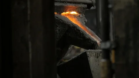 4K Foundry Cauldron Pouring Molten Iron Close Up Stock Footage 98261682