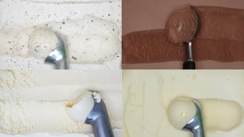 4k four ice cream scoops flavors vanilla chocolate and Cookies and Cream. Stock Footage 331493164
