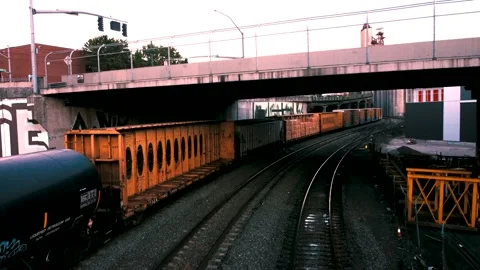 4K Freight Train and The Max in Portland Oregon Stock Footage 157529125