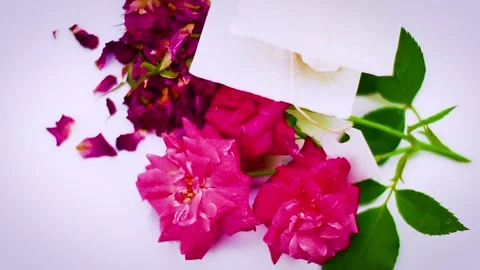 4K Fresh Rose Stem Flower Dried Petals and Tea Bag Composition Stock Footage 336669173