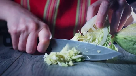 4K Fresh Vegetable Salad, Chef Chopping White Cabbage Video stock 73464187