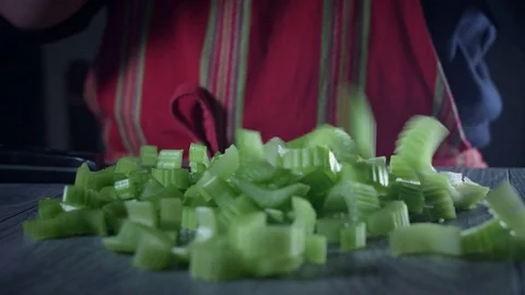 4K Fresh Vegetable Salad, Chef Taking Chopped Celery Stock Footage 73465581