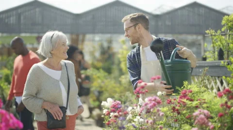 4K Friendly worker in garden center, watering the plants &amp; talking to customer Stock Footage 67889450