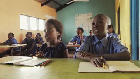 4k front view of classroom of African students , in a lesson, saying or wording Stock Footage 199624884