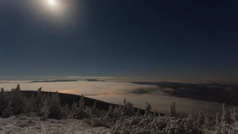 4K Full moon and low clouds rolling over the frozen forest Stock Footage 255524817