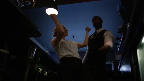 4K Fun Bar Staff Dancing &amp; Enjoying The Atmosphere In Lively Nightclub Video stock 75656388