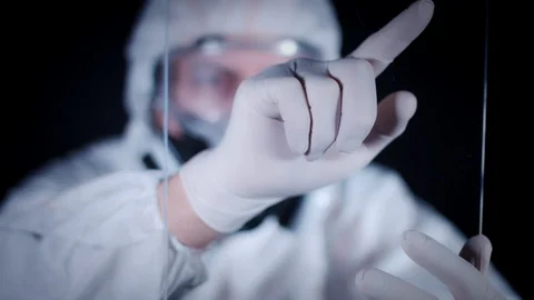 4K Future Transparent Smart Device, Laboratory Man Working on Tablet 스톡 동영상 86323075