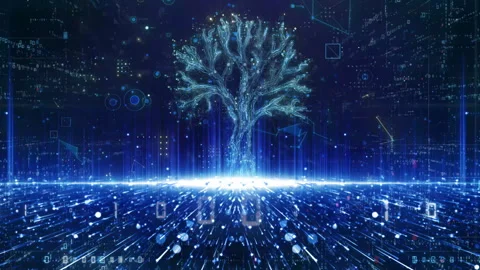 4K Futuristic Digital Tree Growing Animation on Tech Background Stock Footage 315676038