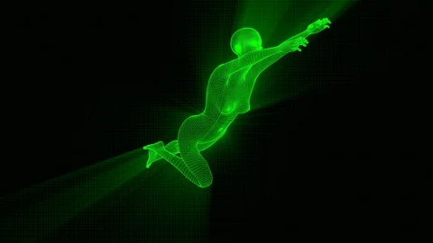 4K Futuristic Wireframe Android AI Shine Woman Jumping Flying Stock Footage 100829913
