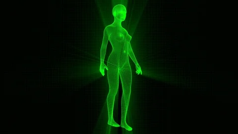 4K Futuristic Wireframe Android AI Shine Woman Standing 2 Stock Footage 100831052