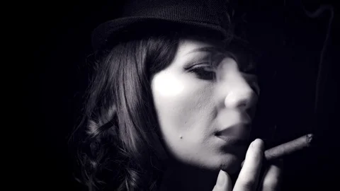 4k Gagster Style Woman Smoking Cigar, b & w Stock Footage