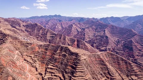 4K Gansu Rolling Terraced Fields and Mountain Landforms Aerial Time-lapse Видео 344091726