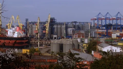 4K General view of the cargo port with lifting devices Vidéo 100353041