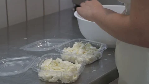 4K genuine mozzarella production process Stock Footage 92302814