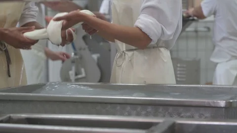 4K genuine mozzarella production process Stock Footage 92304119