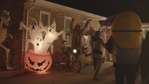 4K ghost giant pumpkin monsters skeleton halloween trick or treat Stock Footage 149719769