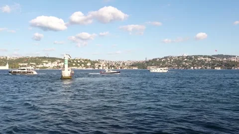 4K Gimbal Pan Right to Left Showing Bosphorus Ferries and Waterfront Stock Footage 322709474