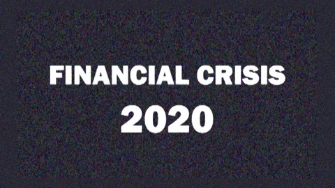 4K. Glitch screen saver with text FINANCIAL CRISIS 2020 for news and Stock Footage 128647560
