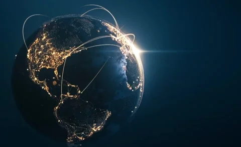 4K Global Connectivity Network Data Flow Lines and Earth City Lights Stock-Footage 334440080