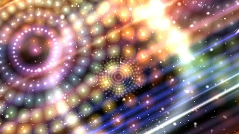 4k glowing lights in circles rotating with particles flying animation Stock Footage 262467008