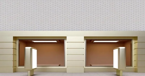 4k. Golden empty shop window against a white brick wall Stock Footage 76120378
