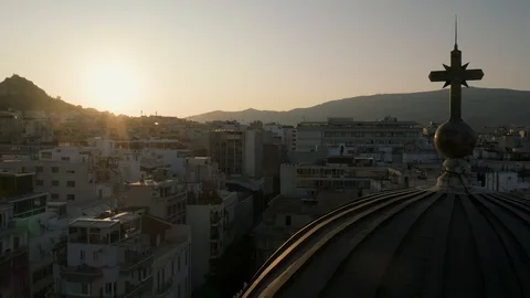 4K Greece Athens Drone Mount Lycabettus Metropolitan Cathedral Church Sunrise Stock Footage 118530488
