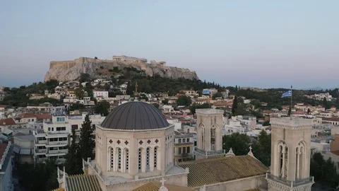 4k Greece Flag Drone Orbit Acropolis Parthenon Metropolitan Cathedral Church Stock Footage 118529026
