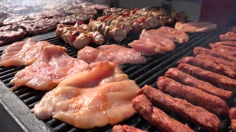 4K Grill Frying Sausage, Kebab, Hamburger and Pork Meat, Barbecue for Picnic Stock Footage