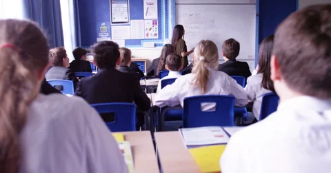 4k, Group of school kids sitting and listening to teacher in classroom from back Stock Footage 63032759