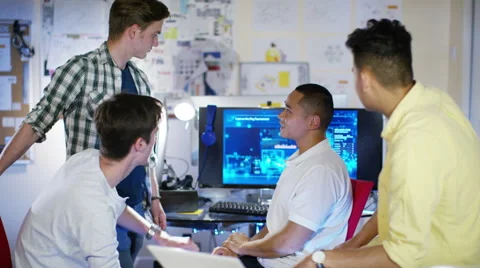4K Group of young male computer programmers working together in small office 스톡 동영상 54484214