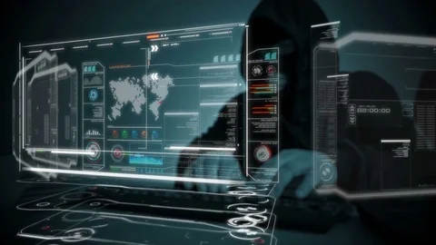 4K Hacker typing keyboard with HUD user interface code dark and grain processed Stock Footage 85426889