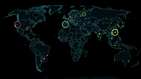 4K Hacker War Super Modern Digital Data Hacking World Map Simulation v1 3 Stock Footage 73380072