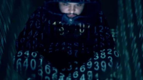 4K Hacker Writing On Phone in Flow of Numbers Code Stock Footage 95667629