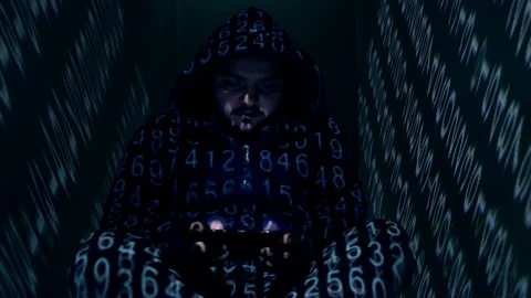 4K Hacker Writing On Phone in Flow of Numbers Code Blue Vídeo Stock 96282826