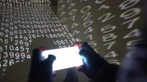 4K Hacker Writing On Smartphone in Flow of Numbers Code Stock Footage 93146586
