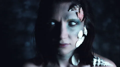 4k Halloween Shot of a Horror Woman Mermaid Turning at Camera with White Eyes Stock Footage