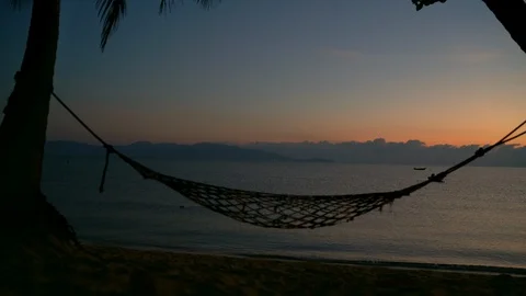 4K hammock hanging from two palm trees on background of sunrise Video stock 106458275