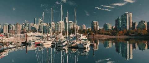 4K Handheld Pan of Stanley Park Vancouver - Boats, City Skyline, Wide Shot Stock Footage 285948065