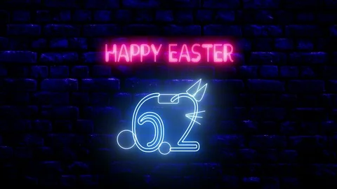 4K Happy Easter Animation - Neon Sign on the Brick wall (62 Rabbit) |Loopable Stock Footage 120061751