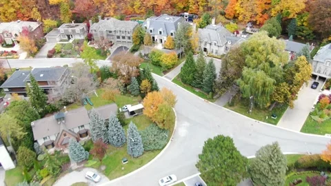 4K- HD Drone Flight Over Beautiful Fall Trees Through Residential Houses Stock-Footage 142026193