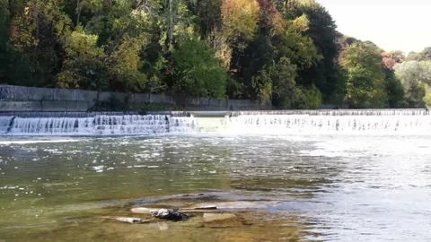 4K- HD Drone Flight Slowly Towards Water Fall Humber River in Toronto, Ontario Stock-Footage 142026932